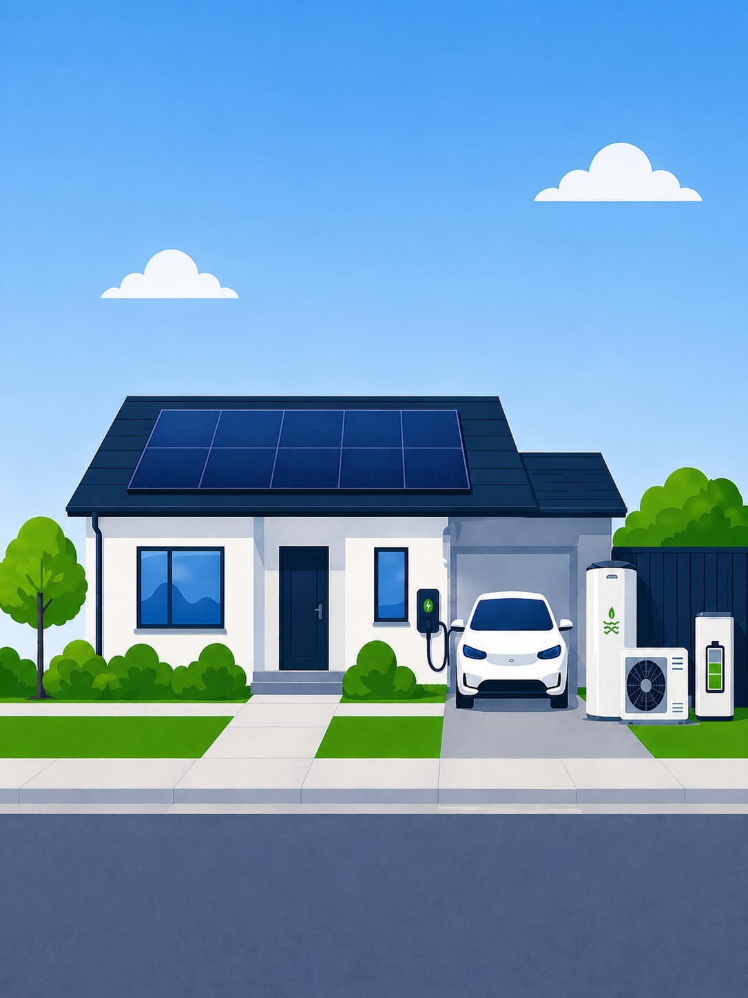 Illustration of an all-electric home, with solar panels, battery storage, EV charging, heat pump and induction cooktop, all working together